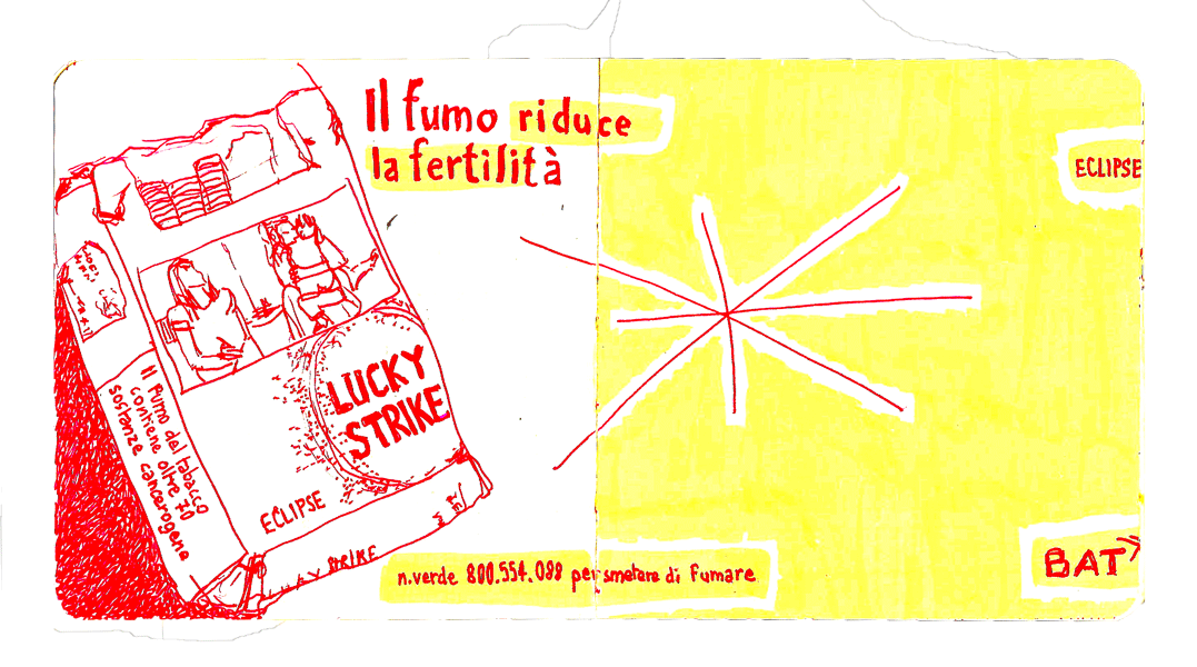 carnet de croquis paquet de lucky strike italiennes jaune fluo et rouge